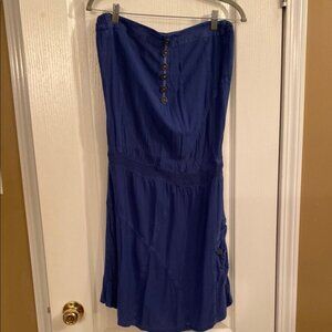 Blue Button-Front Strapless Dress